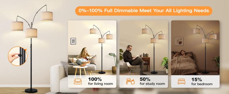 Hoodink Dimmable Floor Lamp - 3 Lights Arc Floor Lamps for Living Room, 1000LM Modern Tall Standing Lamp With Beige Shades & Heavy Base, Mid Century Tree Floor Lamp for Bedroom Office, 3 LED Bulbs Included