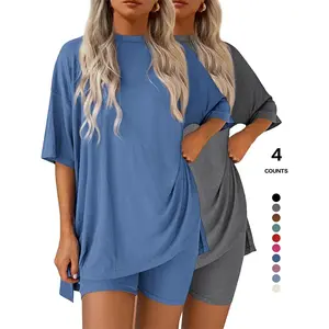 Relaxed Mom Casual Set, Women's Two-Piece Set (One Short-Sleeve Top and One Shorts), Round-Neck Loose-Fit T-Shirt, Comfortable Loungewear, Homewear, Sleepwear, Stroll Attire, Holiday Gift for Family.