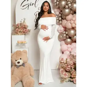 ElegantMaternityRuchedOff-ShoulderMermaidEveningDressForBabyShowerPartyGift