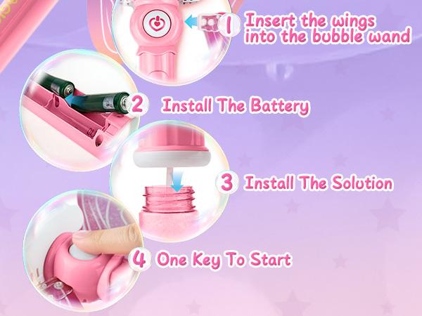 Bubble Machine Wands with Colorful Lights, Princess  Bubble Wands with 4 AA Batteries & 2 Solutions, Girl Stuff Outdoor Party Toys for Toddlers, Birthday Gift for 3 4 5 6 7 8 Year Old Girls