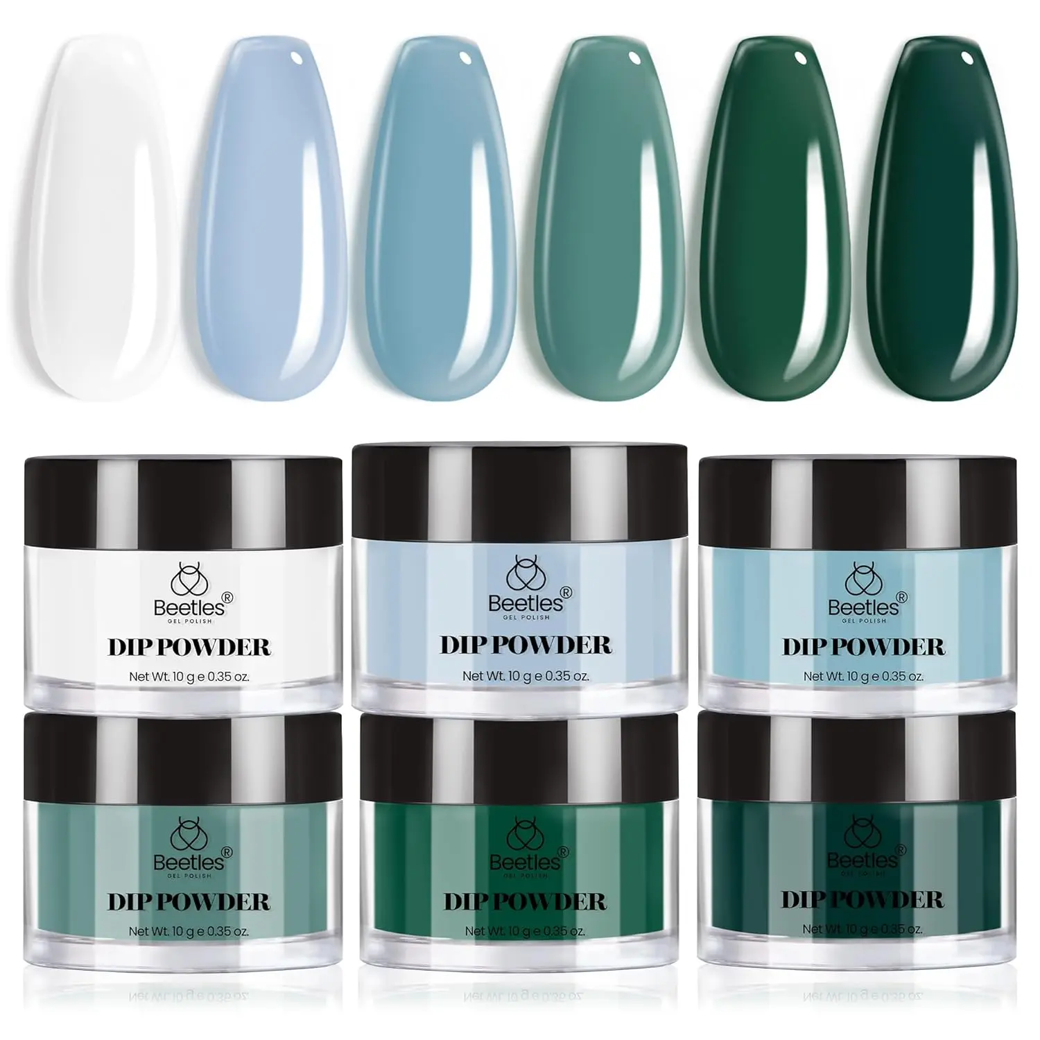 Beetles Dip Powder Nail Kit, 6 Winter Colors White Bule Green Natural Nail Dip Powder Kit Starter Set French Nail Art Manicure Salon No Need Nail Lamp Cured Glossy Lake DIY Gifts for Women