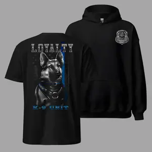 Police K9 Loyalty K 9 Unit T Shirt and Hoodie 2 Sides, Law Enforcement Working Dog Thin Blue Line German Shepherd T Shirt and Hoodie for Police K9 Handlers Supporters