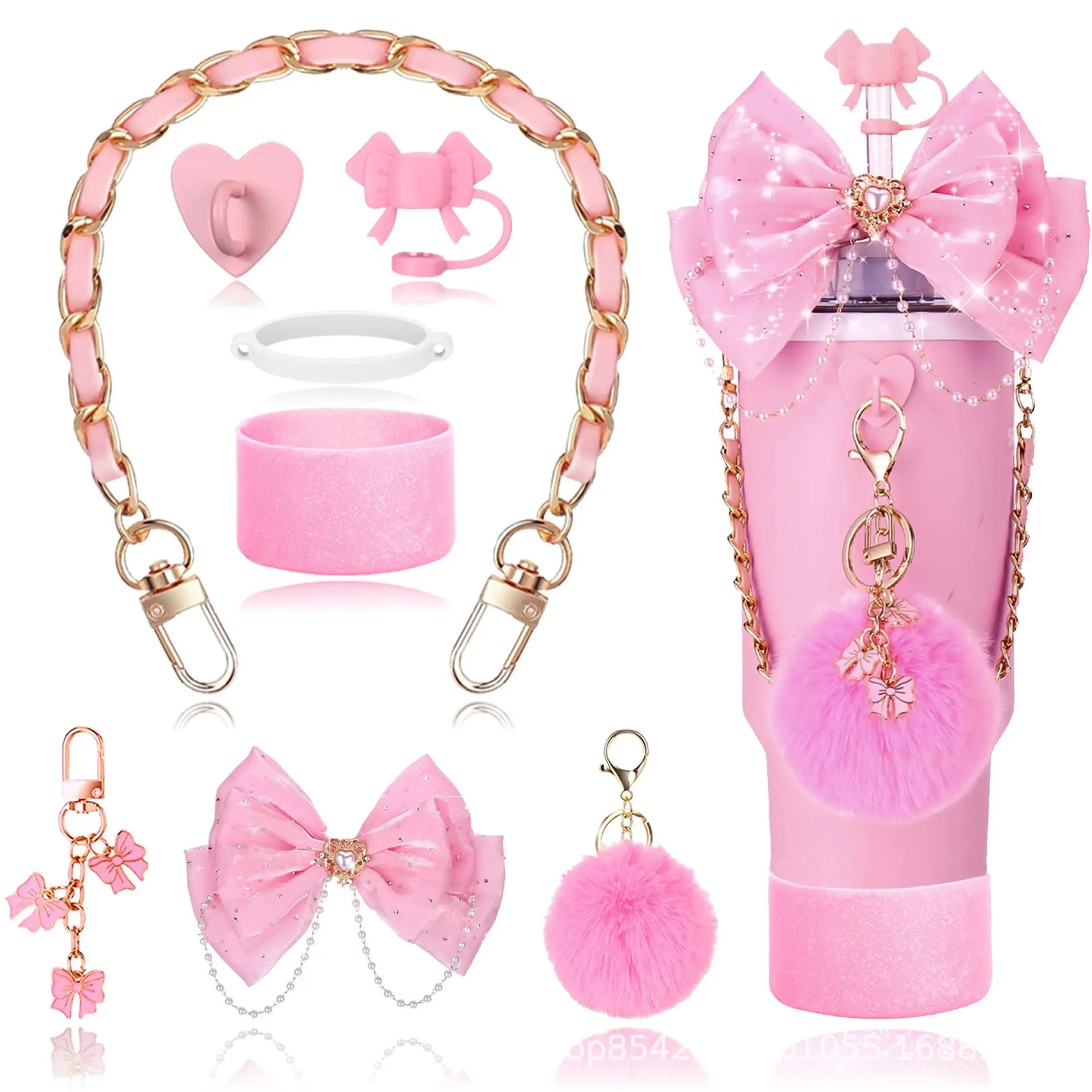Stanley Cup accessory set new decorative straw cap, cup sleeve, plush ball pendant, glittery large bow