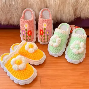 Home Fashion Thickened Cloud‑Sole Purely Handmade Ice‑Silk Crochet Slippers with Insulated Footbeds