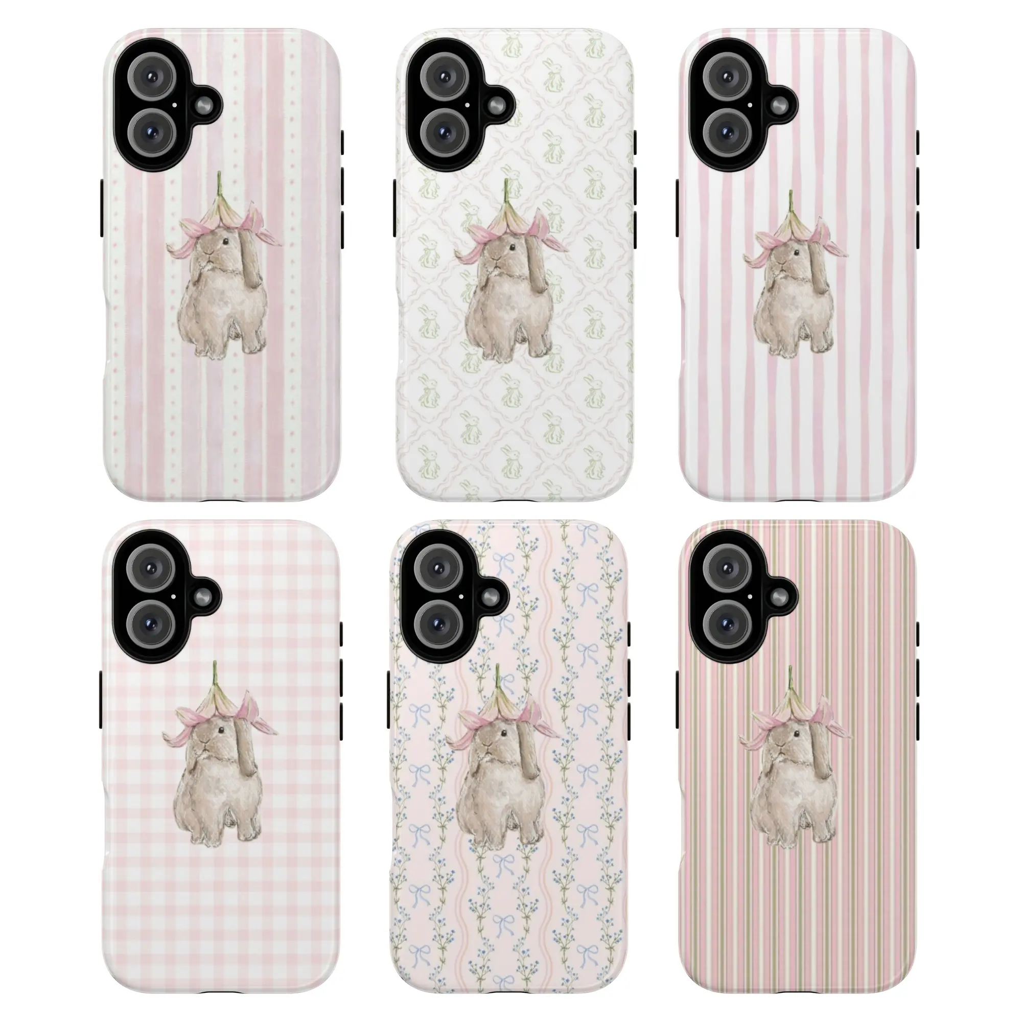 Cute Bunny Floral Pattern Tough Phone Case, Soft Pastel Aesthetic Protective Cover for ip and ss, stripe and checkered case, compatible with iPhone 17, 16, 15, 14, 13, 12, 11, and X series models.gift for her