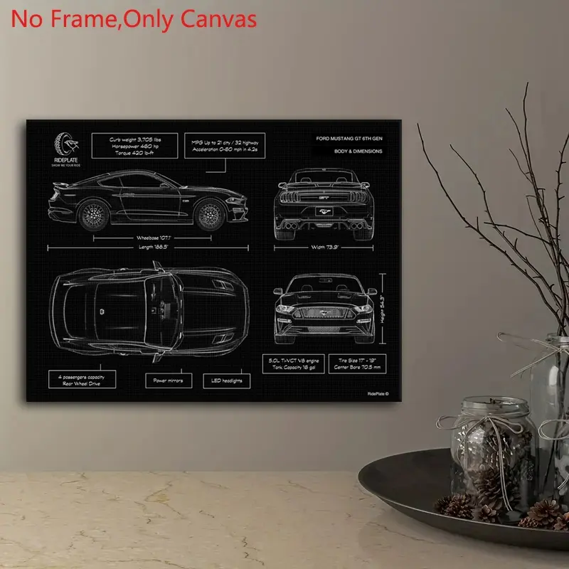 1 piece/set frameless canvas painting print poster, Decorative Artwork, Classic retro technical drawing blueprint art, Ford Mustang GT 6th Gen, gift for muscle car lovers, gift for home & office spaces, mural, wall decoration, Vintage Decor