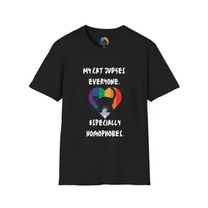 My Cat Judges Everyone Especially Homophobes T-Shirt | LGBTQ+ Pride Cat Heart Design