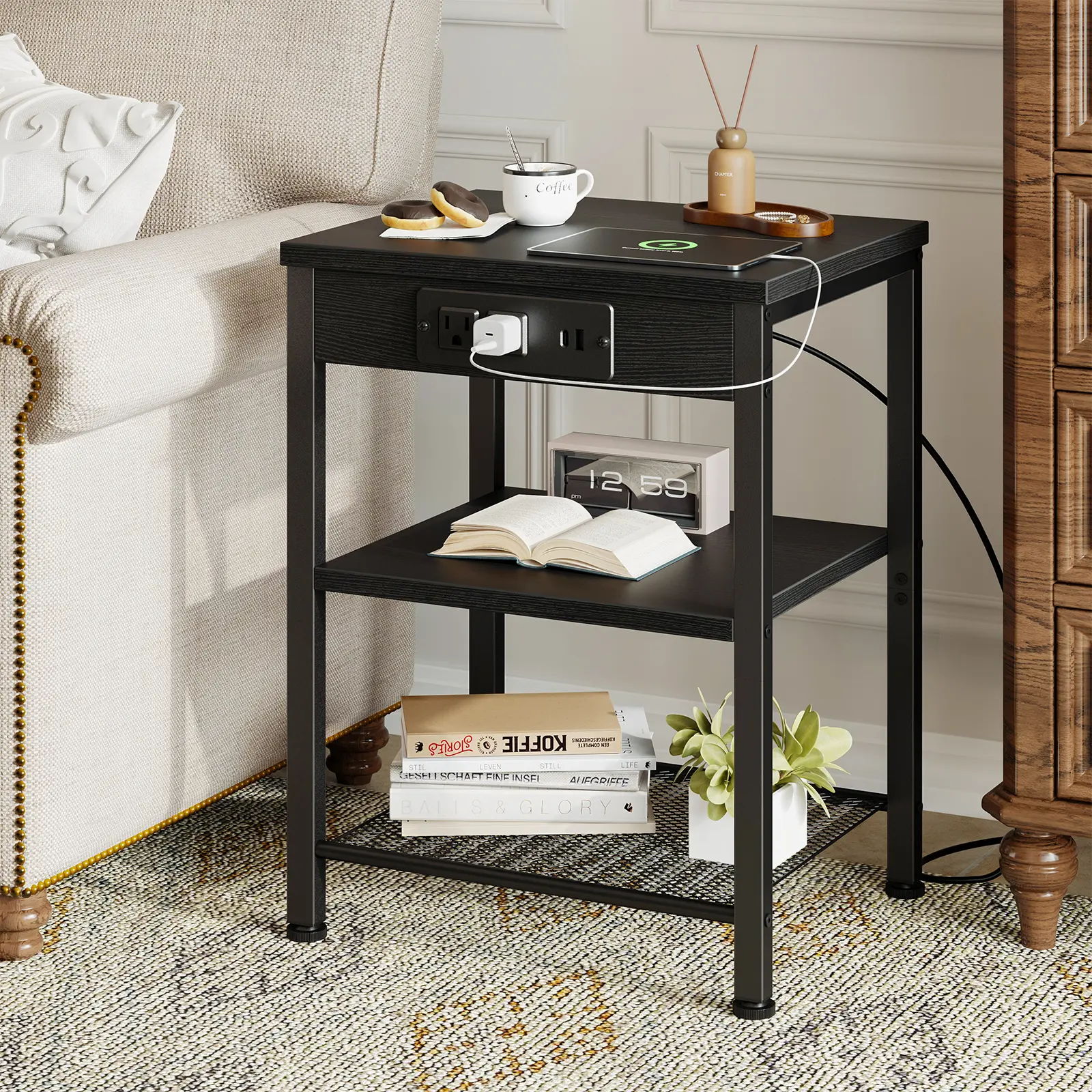 Side Table with Charging Station & USB Ports, 3-Tier End Table with Adjustable Shelf for Small Spaces, Nightstand for Living Room, Bedroom & Balcony
