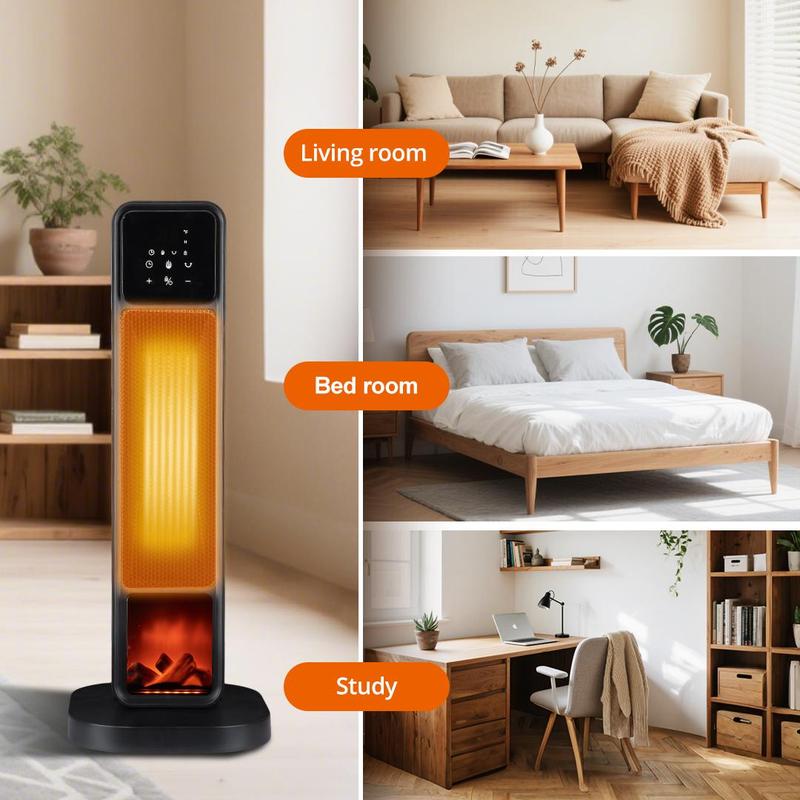 Space Heaters for Indoor Use 1500W PTC Electric Fireplace Heater with 90° Oscillation Child Lock Tip-over Protection Eco Mode 12h Timer Remote Control 3D Flame Effect Home & Office Heating System