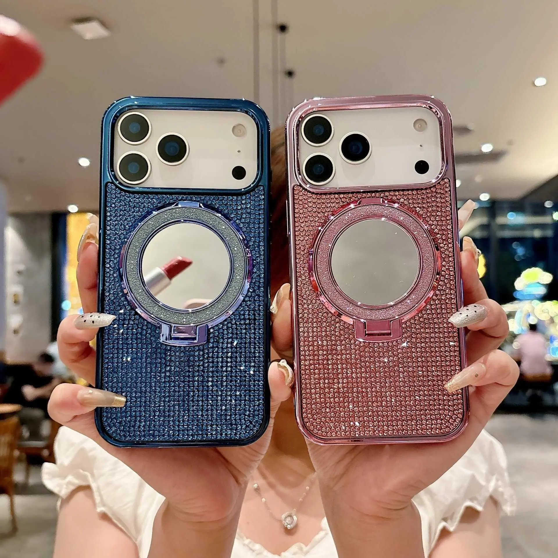 For iPhone 17 Rhinestone Phone Case Electroplated For iPhone 16 Pro Max Glitter Mirror Stand Protective Cover HNY73PLFEF