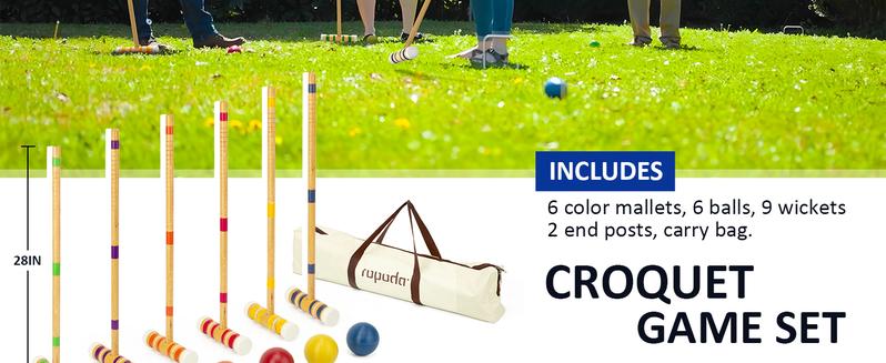 (Summer Turn-Up)Ropoda Six-Player Croquet Set with Wooden Mallets, Colored Balls, 2 Ending Stakes, 9 Steel Wickets & Durable Carrying Bag for Easy Storage, Summer Turn Up & Father's Day Deal
