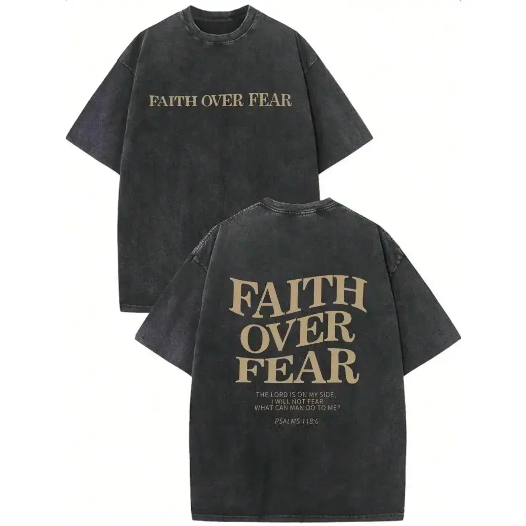 Men's Graphic T-Shirt in Vintage Washed Cotton Fabric, Oversized Baggy Fit, Retro Short Sleeve Streetwear Top with Psalm 118:6 Print, Tops, Shortsleeve, Unisex, Stretch
