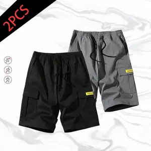 Men’s two-piece cargo shorts set, Japanese minimalist casual style, drawstring elastic waistband design, multiple pockets with 3D shaping, breathable and comfortable, suitable for everyday commuting and outdoor activities lightweight