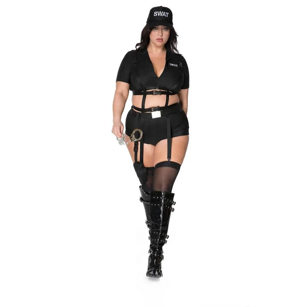 SWAT Babe Queen Costume - Bold Zip-Up Collared Crop Top & High-Waisted Bottoms with Harness & Hat for Halloween Role-Playing