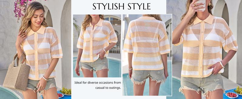 Cicy Bell Womens Summer Striped Crochet Cardigan Sweater Half Sleeve Button up Tops Loose Fit Cover Up