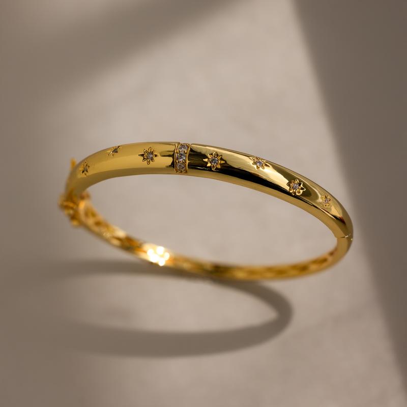 North Star Bangle Bracelet by Caitlyn Minimalist - Celestial Cubic Zirconia Diamond Bracelet - Chunky 18K Gold Plated Dome Star Bracelet - Gift for Her