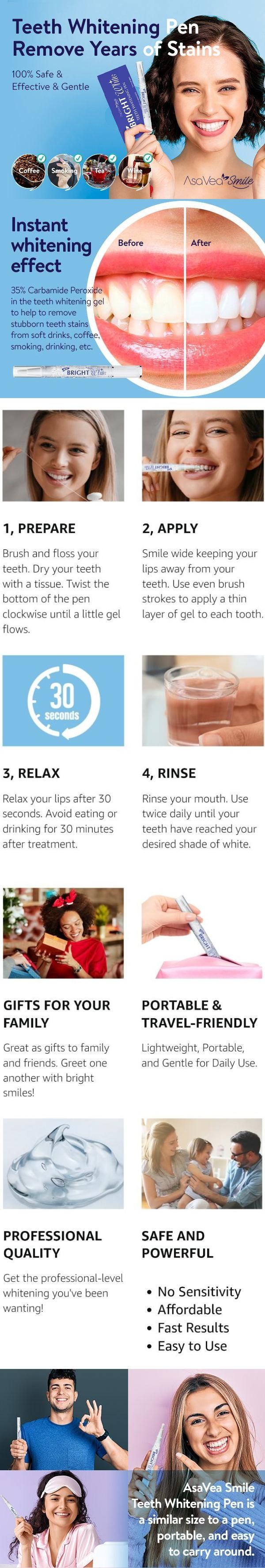 AsaVea Smile Teeth Whitening Pen (4 Pens) for Teeth Whitening, 40+ Uses, Effective, Painless, No Sensitivity, Travel-Friendly, Mint Flavor Oral Brush