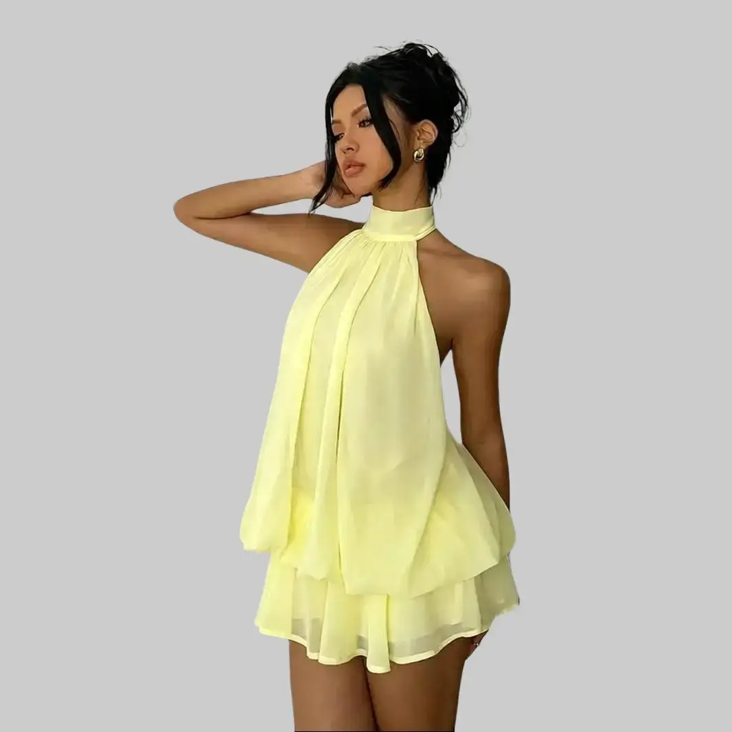 0053] Women's Chiffon Halter Neck Ruffle Mini Dress | Backless Flowy Summer  Dress (Multiple Colors) - TikTok Shop