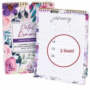 Perpetual Calendar Extra Large Wall Hanging Dates to Remember Book for Birthdays and Anniversaries -12 Months -Important and Special Days 8.5x11" - Floral - 3 Lines Per a Day