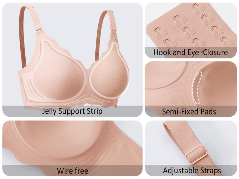 Werena Women's Wireless Jelly Bra Seamless Comfort Bras Push Up Bralette Full Coverage for Everyday V-neck Scallop Bra No Underwire Clothing Fit Elegant Pushbra with W Jelly Strip Support Black Vneck