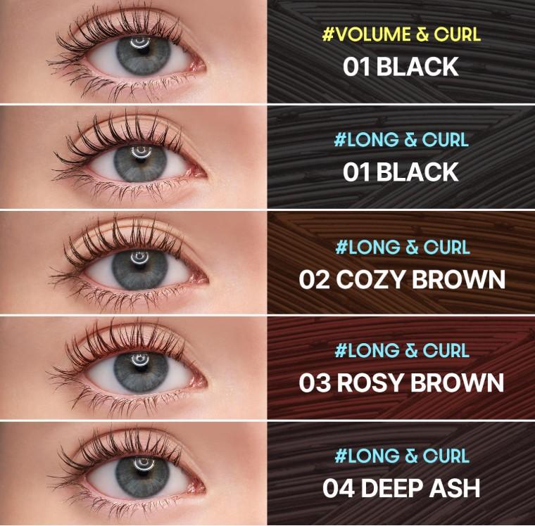 COSNORI Perfect Setting Waterproof Mascara Long&Curl 02 Cozy Brown – Long Lasting Smudge - Brown Mascara - Soft Definition for Blue & Green Eyes - K Beauty - 0.23fl oz (7ml)