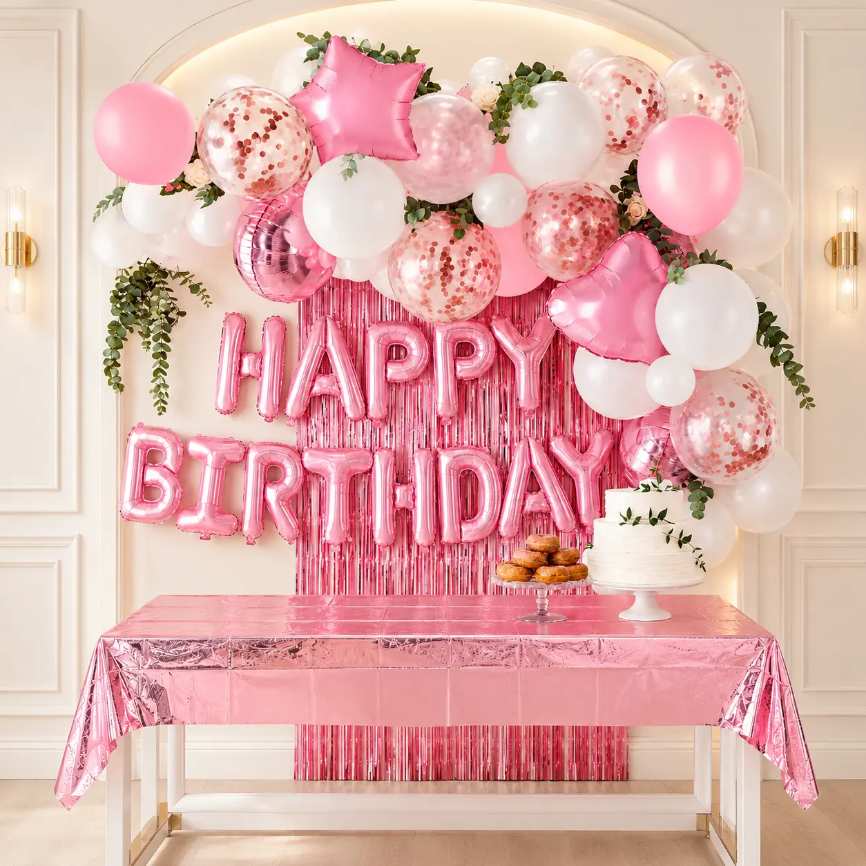Pink Birthday Balloon Decorations, Happy Birthday Foil Letter Banner, Heart Star Balloons, Confetti Balloons & Party Backdrop Decor