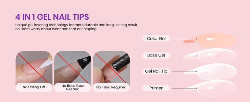 Beetles French Tip Press on Nails+Toenails：Almond/Coffin/Square/Squoval Pre-APplied Primer & Base Coat Glue for DIY Nail Gift for Women Easter'sGift