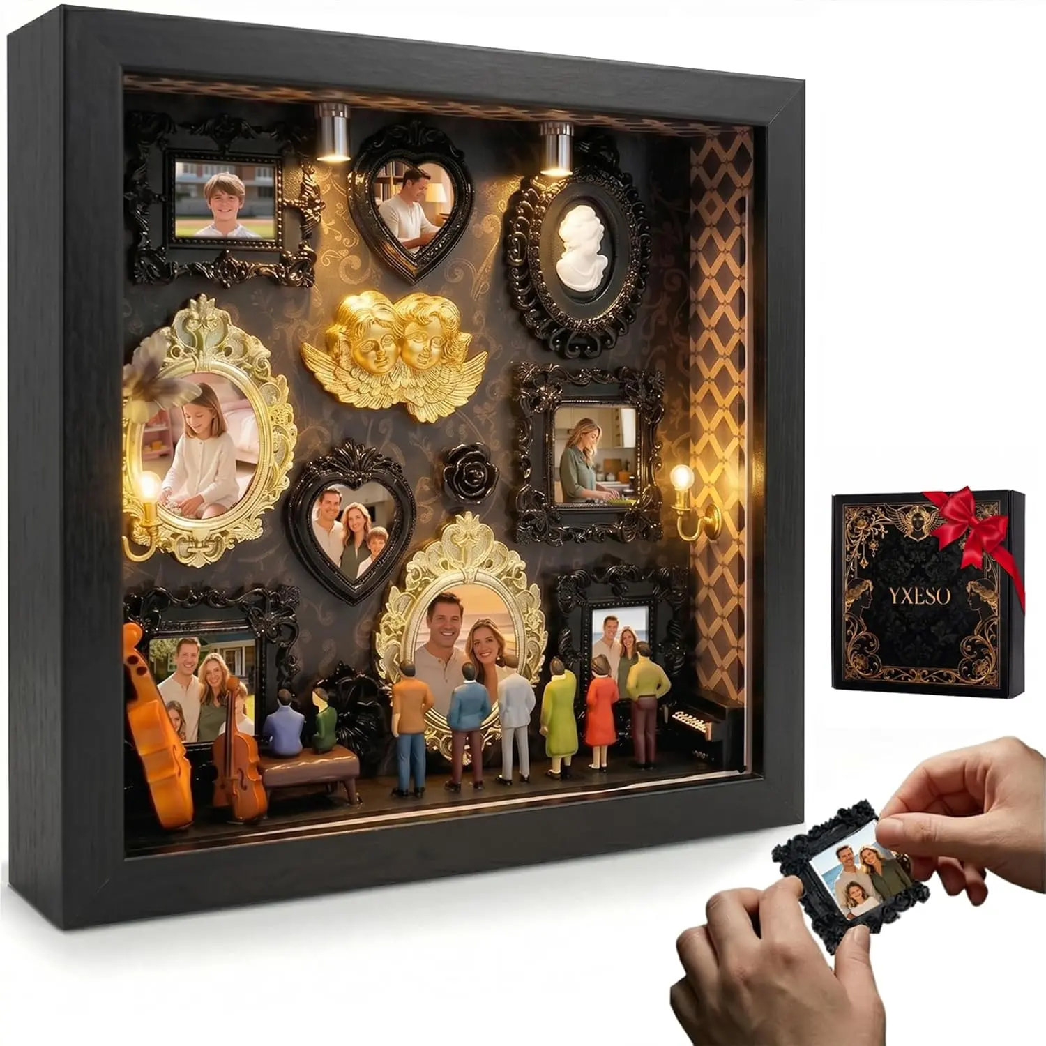 DIY Mini Museum Silhouette Photo Frame Set - Gold Mini Picture Frames with People Figurines Shadow Box, Durable & Visually Stunning Desk Decor Kit with 24 Accessories, Exquisite Craftsmanship, Tool-Free DIY Assembly, Mother's Day Gift, Artistic, Create A,