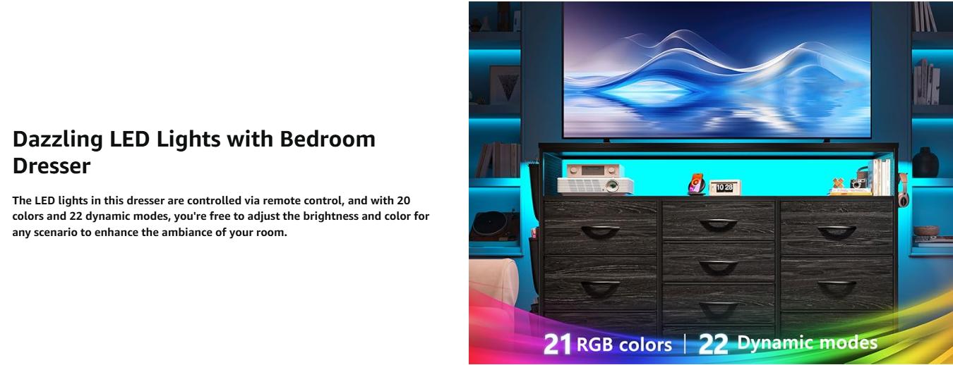 Raybee 10 Drawer Dresser for Bedroom with Wood Open Shelves, 55" TV Stand Dresser for Bedroom with Power Outlets and LED Lights, Fabric Dressers & Chest of Drawers with Side Pocket, Ideal for Living Room, Closet