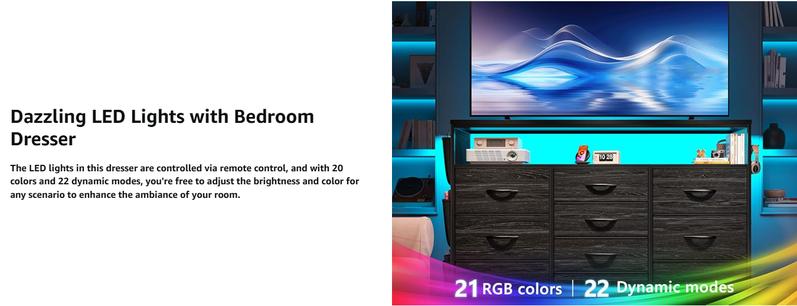 Raybee 10 Drawer Dresser for Bedroom with Wood Open Shelves, 55" TV Stand for Bedroom with Power Outlets and LED Lights, Fabric Dressers & Chest of Drawers with Side Pocket, Living Room, Closet