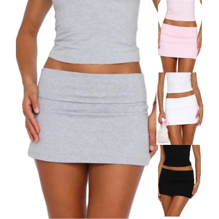 Women Summer Bodycon Skirts Casual Solid Color Fold over Waist Mini Skirt for Beach Vacation Club Streetwear