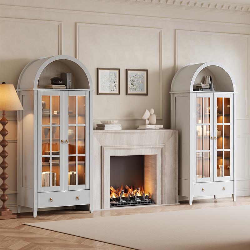 【Jumpstart Sale】71" Tall Arched Kitchen Pantry with Magnetic LED Lights, Modern Farmhouse Wood Kitchens Storage Cabinets with Large Drawers and Glass Door, Versatile Cupboard for Kitchen, Dining Room, Bathroom, Livingroom