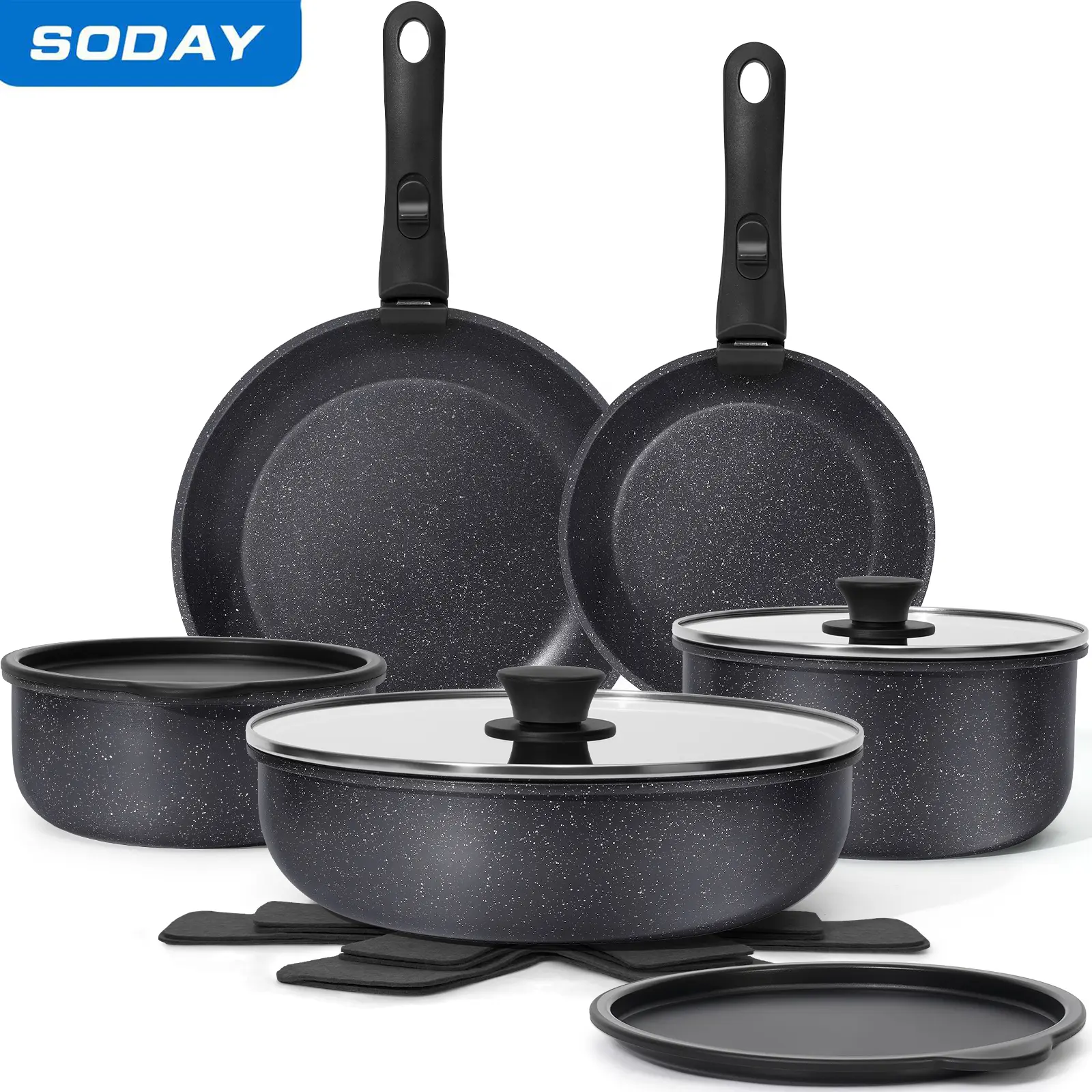 SODAY New 15pcs Detachable Handle Nonstick Cookware Set,Black/White, Pots and Pans, Oven safe Frying Pan, Dishwasher Safe,Kitchenware,stock up on specials,backtoschool, glowup