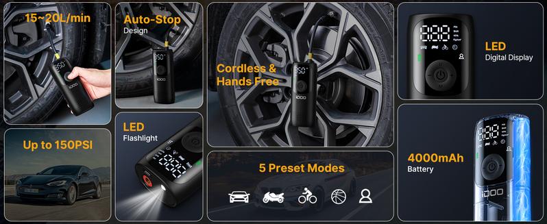 iDOO Cordless Tire Inflator, Portable 150PSI Air Compressor with Pressure Gauge & LED Light, Quick Inflation for Car Tires & Balls,FathersDayGift