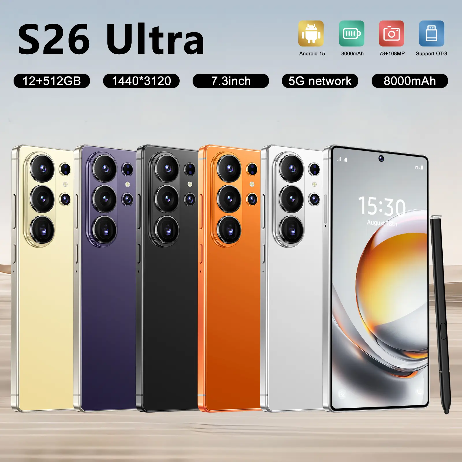S26 Ultra Unlocked 5G Smartphone, Android 15, 12GB+512GB, 6.99" HD Large Display, 78MP+108MP Camera, 8000mAh Long Lasting Battery, Dual SIM, Built-in Stylus, Face Recognition, Come with Case & Screen Protector