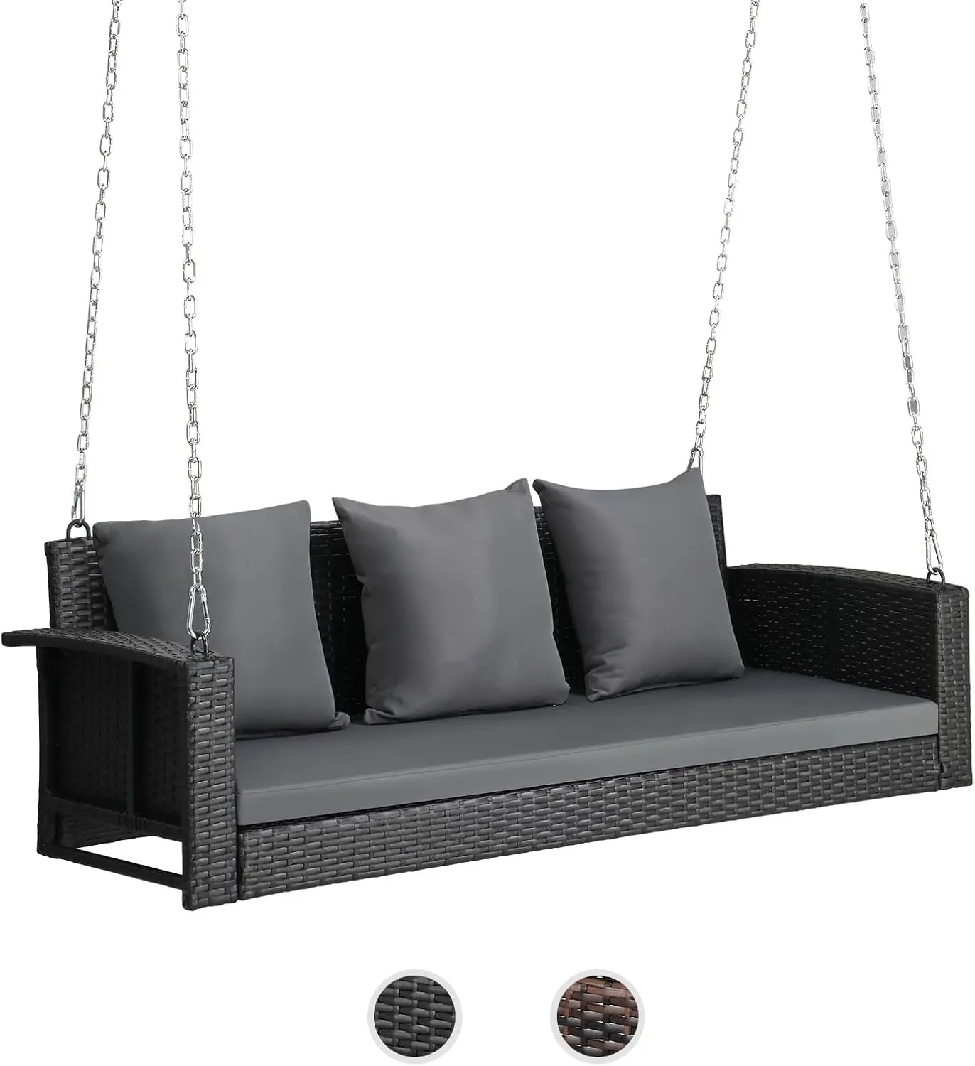 VINGLI Classic Heavy-Duty Waterproof Wicker Hanging Patio Swing for Friend & Family - 4ft Length, 5ft Corrosion-Resistant Rattan Bench, Cushions, Chains, Floor-Stable, Easy to Clean, Fire Safety Label, Assembly Required (Black)