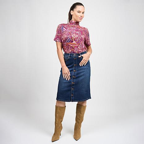 DG2 by Diane Gilman Lux Touch Denim Pull-On Buttoned A-Line Skirt