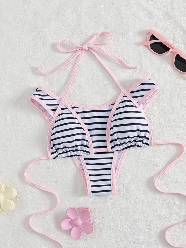 Summer Vibe Alert! Black & White Striped Halter Bikini Swimsuit Set with Pink Trim - Viral Beachwear for Insta-Worthy Photos