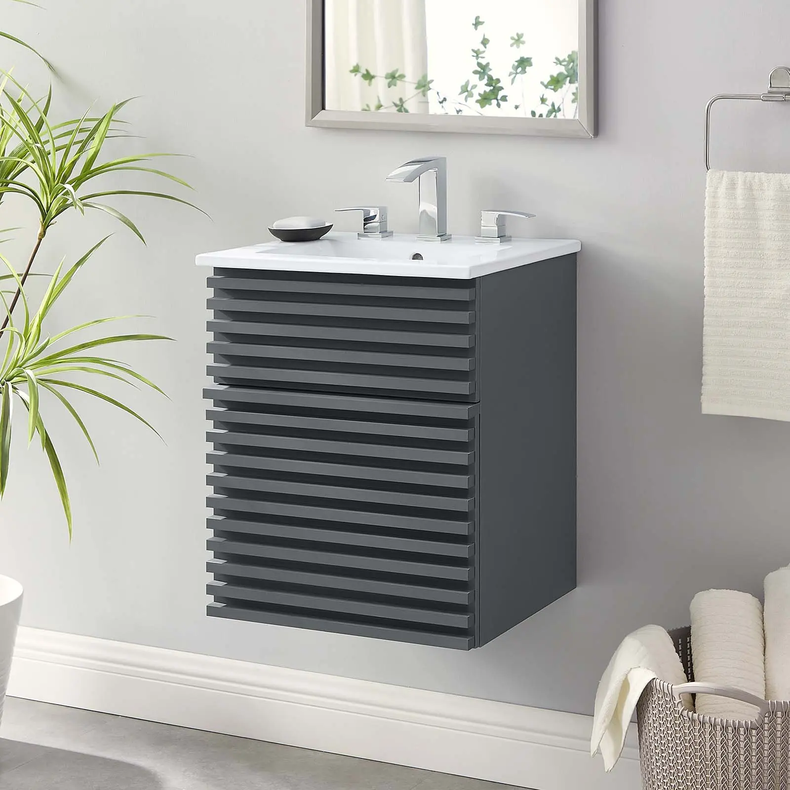 Modway Render 18" Mid-Century Modern Retro Wall-Mount Bathroom Vanity Cabinet with Ceramic Sink, Gray White Finish, Assembly Required