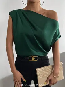 PRYSM Chiquease Solid Asymmetrical Neck Satin Blouse One Shoulder Top
