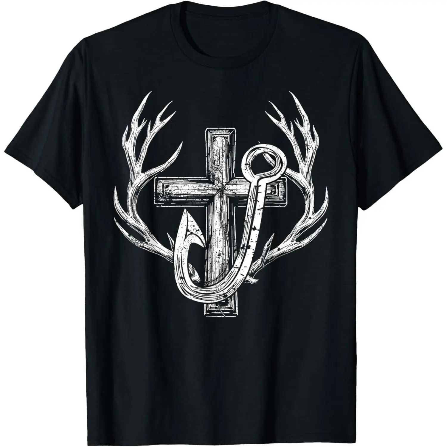 Men's Cotton Short-Sleeve Round Neck Regular Fit Menswear Streetwear T-Shirt - Non-Irritating Christian Dad Top with Christian Motif Cross & Fish Hook Design for Hunting Enthusiasts, Tshirt