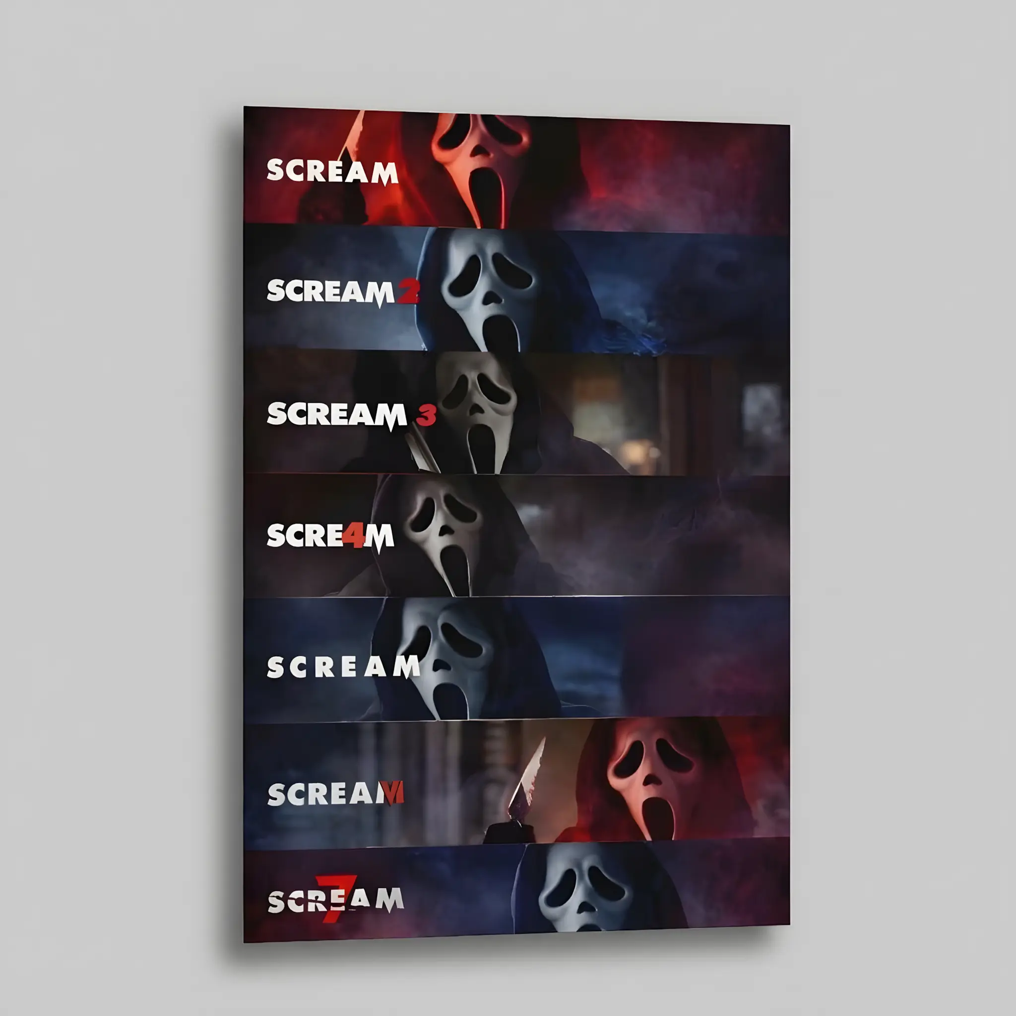 Scream Franchise 1-7 Timeline Vertical Framed Canvas Poster, Ghostface Collage Grid Artwork, Slasher Film House Decor for Home Theater, Halloween Gift Room Decorations