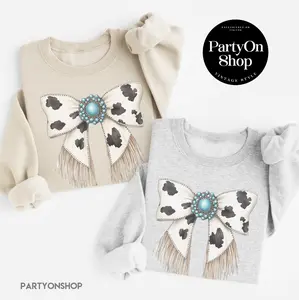 Vintage Western Sweatshirt Retro BOHO Cowhide Bow Turquoise Pullover Cowgirl Southwestern Fringe Graphic Sweater Casual Crewneck Womenswear SublimationTop