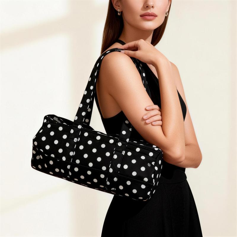 Cute Black & White Polka Dot Tote Bag Spacious Shoulder Bag for Women, Y2K Retro Daily Purse, Versatile Travel & Shopping Tote