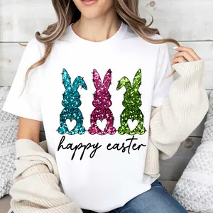 Women's Casual Round Neck T-Shirt, White with Three-Color Glitter Bunny Print, Suitable for Spring and Summer, Sunny and Lively