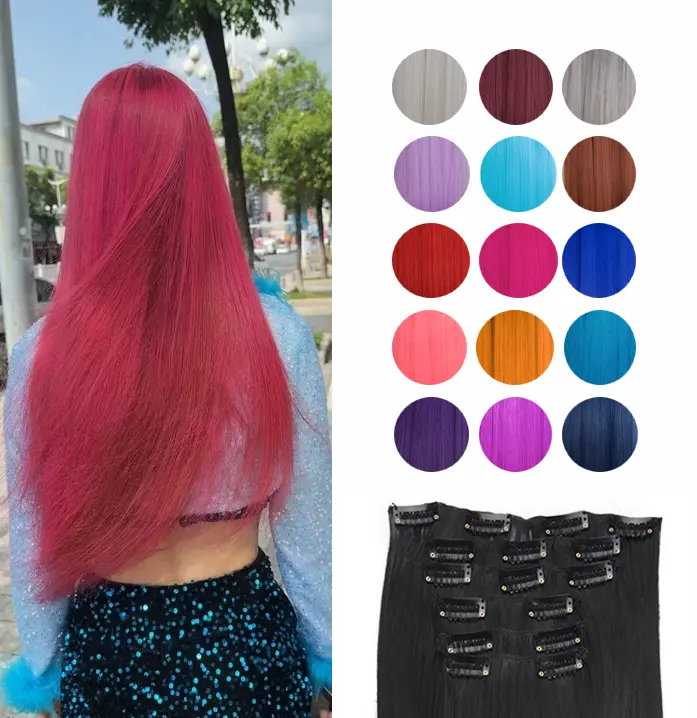 Mystique Hair 24 Inch Clip-in Extensions, 6 PCS Long Straight Synthetic Hairpieces, Soft & Realistic, Multicolor Shades in Blue, Purple, Green & Pink, 2026 Trendy Hair Extensions for Women, Ideal for Everyday Looks, Parties, Halloween & Festivals