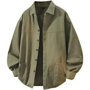 Men’s minimalist long-sleeve shirt for spring and autumn—a loose, versatile workwear-style washed shirt jacket