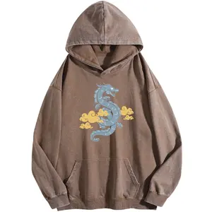 Holafish Women's Mythical Dragon Cartoon Acid Washed Hoodie 60% Cotton 40% Polyester Vintage Streetwear Loose Fit Sweatshirt