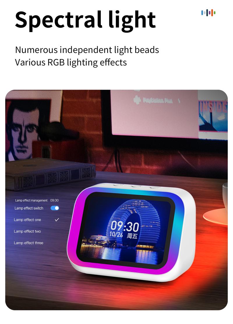 alarm  clock, high aesthetic desktop decoration, Bluetooth audio, multiple atmosphere lighting effects, sedentary health reminders, multiple energy supply displays, weather synchronization, phone synchronization, contact synchronization, smart speak