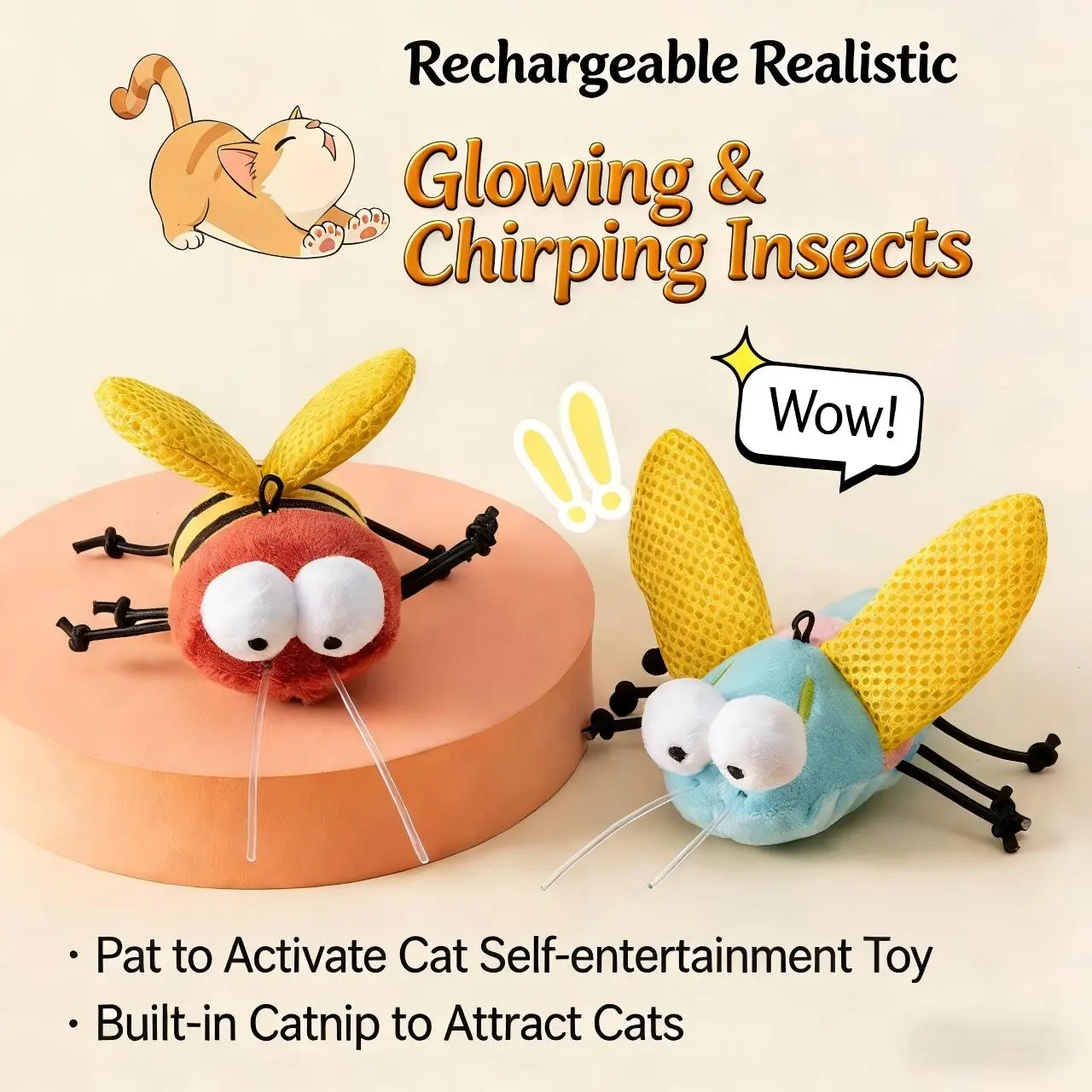 Lights, Sound, and Alluring Scent! This flying insect toy is infused with catnip, instantly triggering your cat's hunting instincts. Watch as their focus sharpens and they chase it with unstoppable excitement!, Interactive Toy, Sharpens Focus
